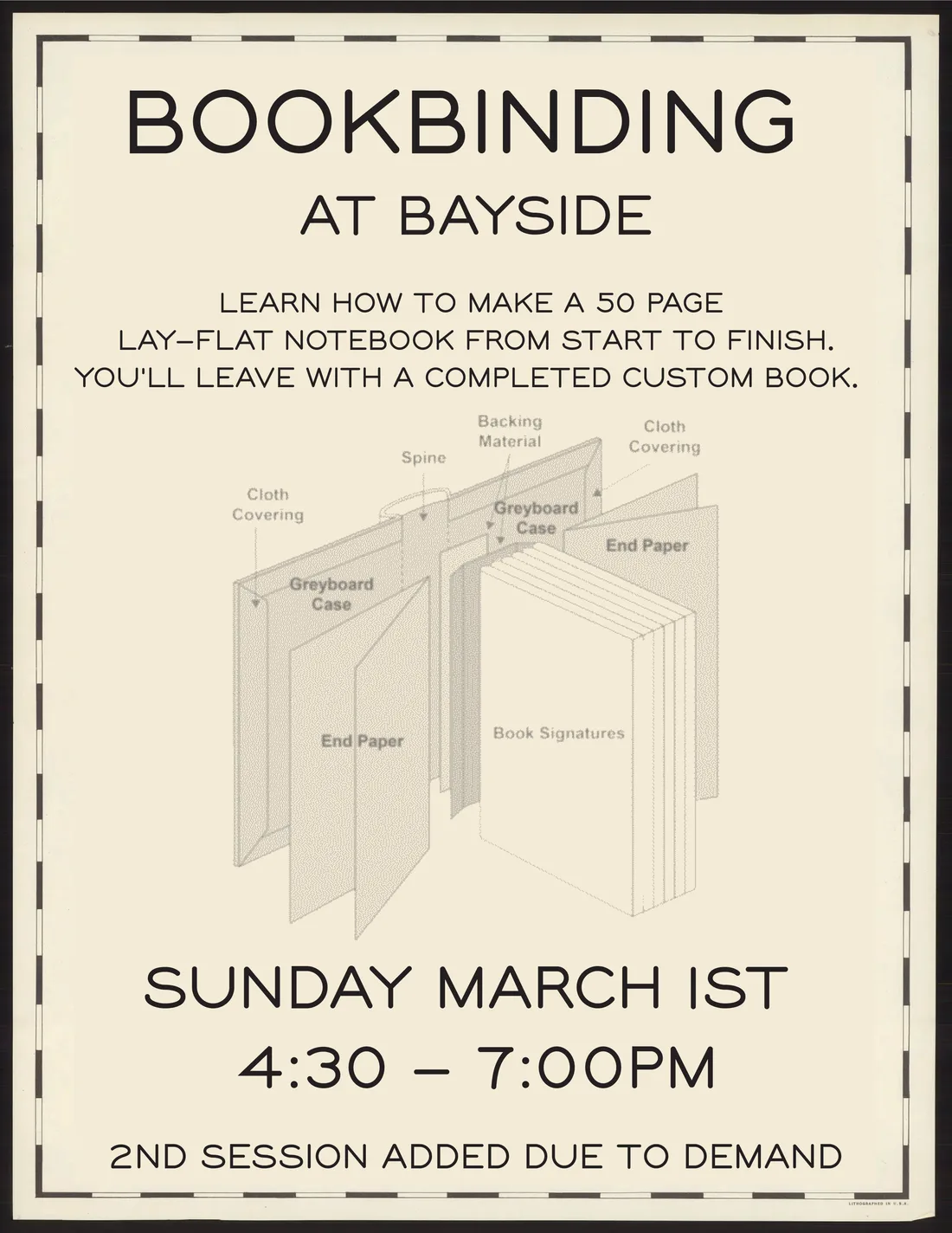 Bookbinding at Bayside workshop flyer with exploded book diagram