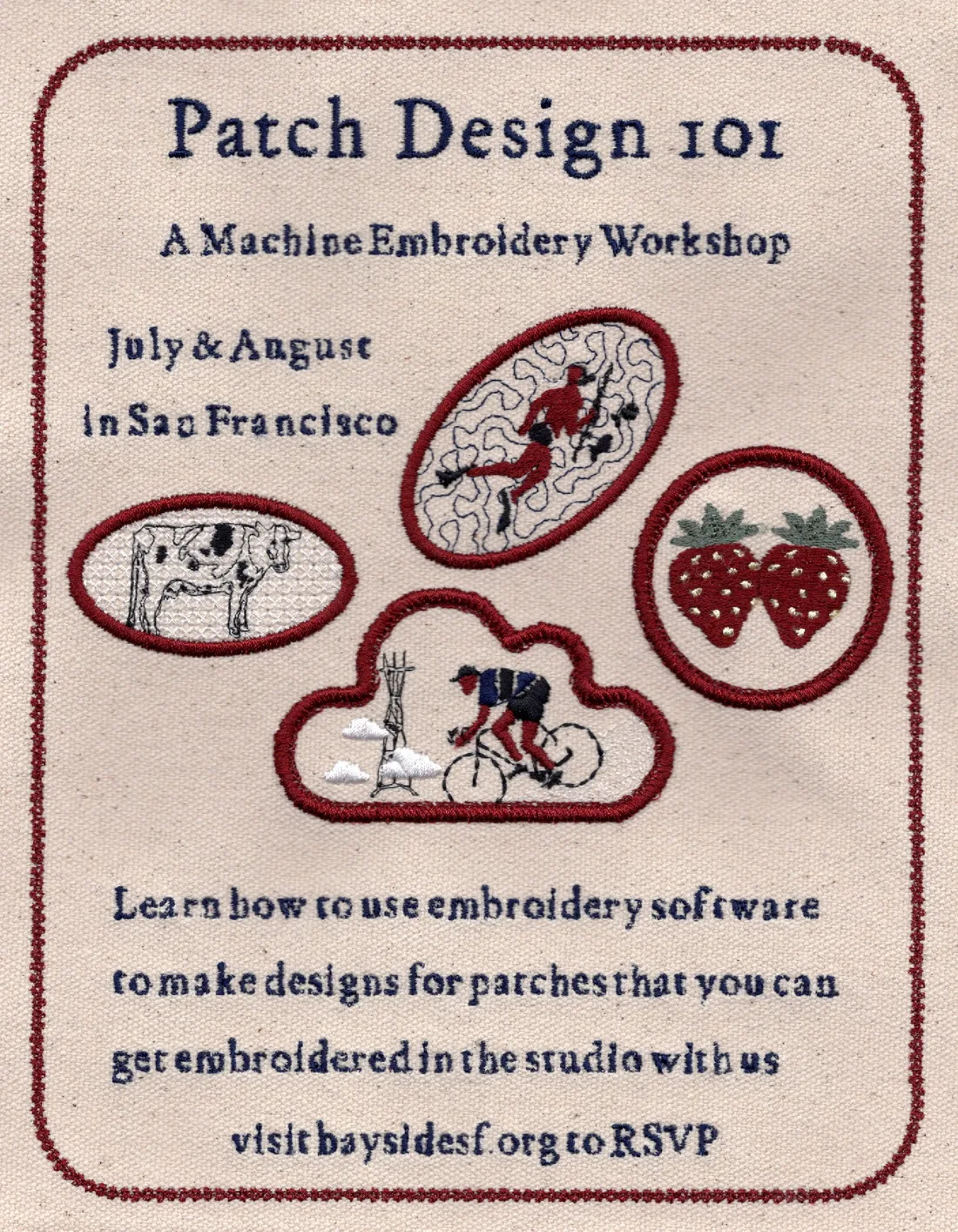 Patch Design 101 workshop flyer, embroidered in thread on fabric